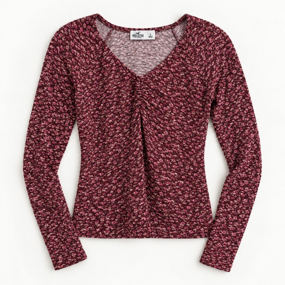 Hollister Maroon Floral Waffle Knit Top Size Large Cinched V-Neck Coquette Y2K